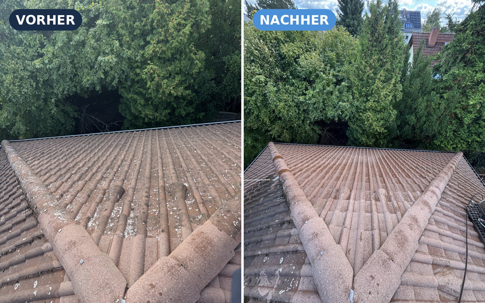 Vorher/Nachher Dachreinigung – Moos und Flechten entfernt